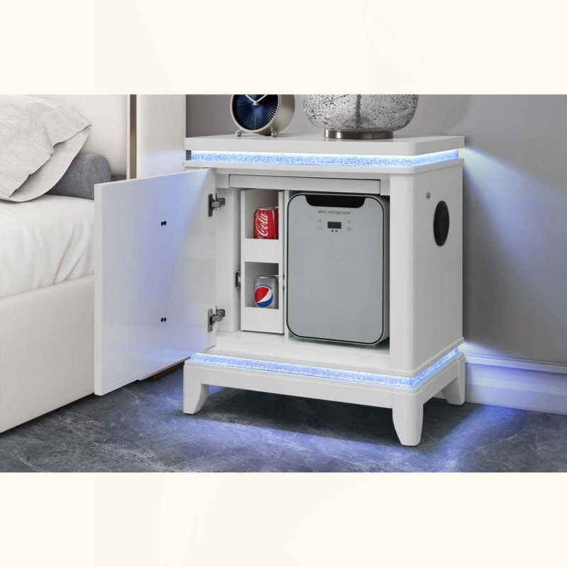 Table de chevet avec refroidisseur intégré, charge USB et haut-parleur Bluetooth pour une commodité moderne