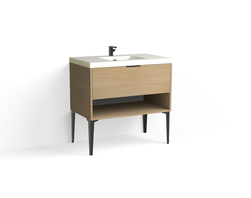 Modo 36" W Freestanding Single Bathroom Vanity with Dean Leg, Glossy White/Single, Biondo, Satin Nickel
