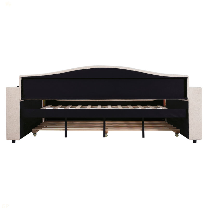Full Size Upholstered Daybed With Storage Armrests, Trundle And Latest Integrated Bluetooth Audio System, Teddy Fleece, Beige