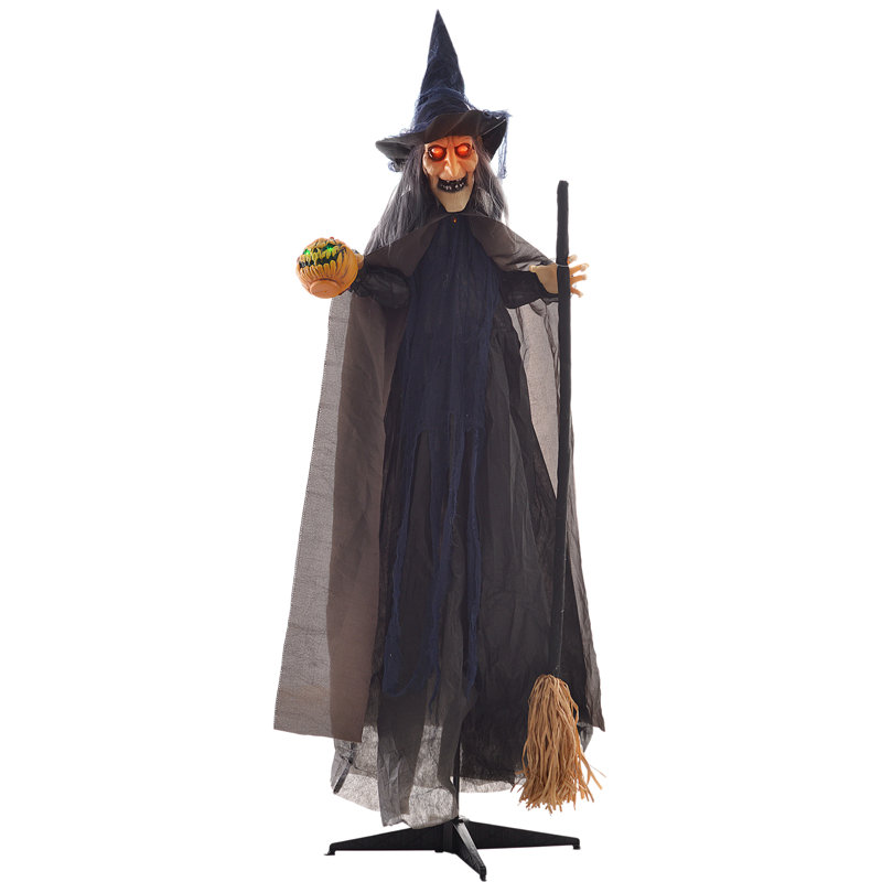Sorcière d'Halloween avec accessoire de balai animatronique avec yeux illuminés