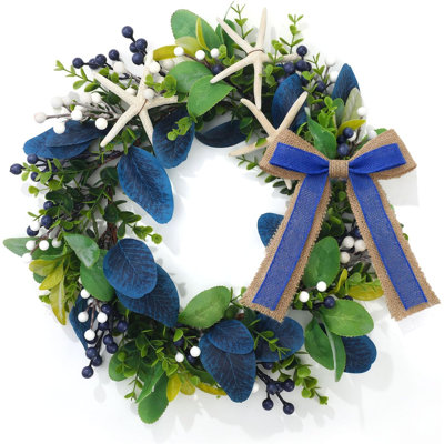 Summer Starfish Wreath, Artificial Eucalyptus Front Door Wreath With Blue And White Berries And Burlap Bow – Coastal Farmhouse Porch Decor For Beach House And Weddings