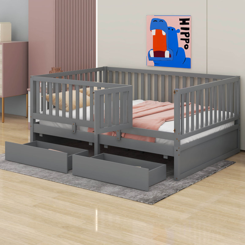 Lit de jour en bois avec barrière de sécurité et 2 tiroirs Joshuia, Lit simple, gris