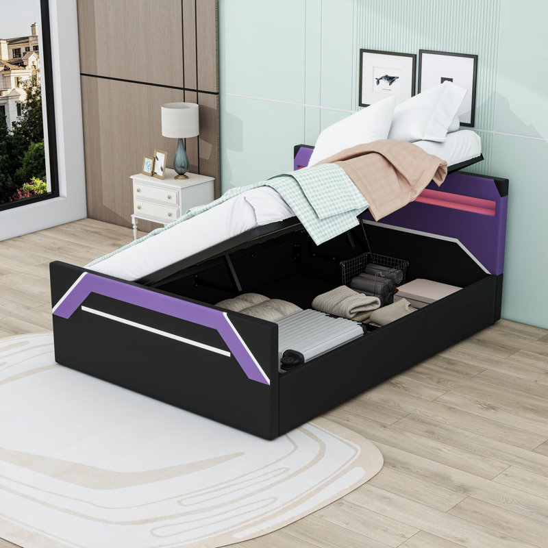 Lit de jeu avec tête de lit à DEL, Black Purple