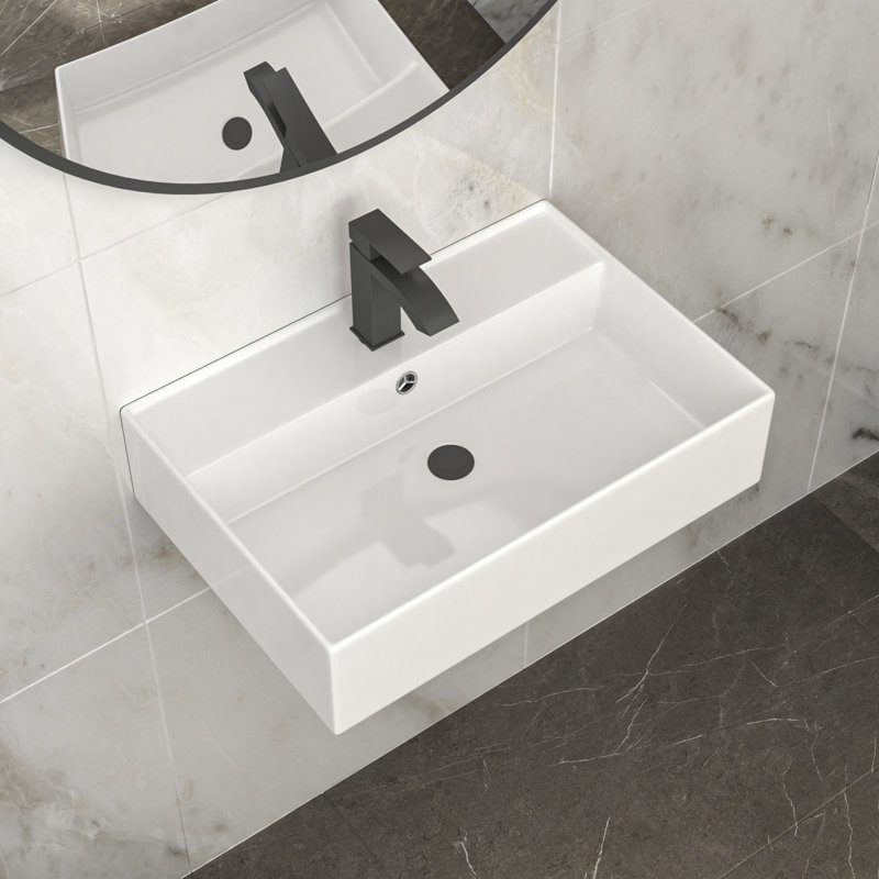 Lavabo de salle de bain mural rectangulaire en céramique blanc 24 po x 16 po avec trou de robinet et trop-plein