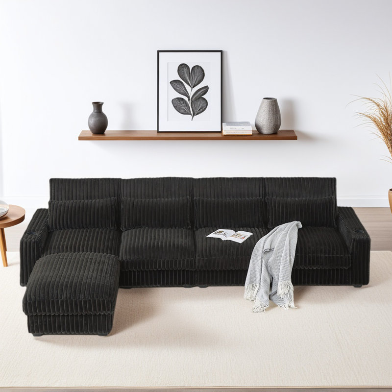 L-Shaped Corduroy Modular Sectional Sofa Couch with Movable Ottoman, Black Corduroy