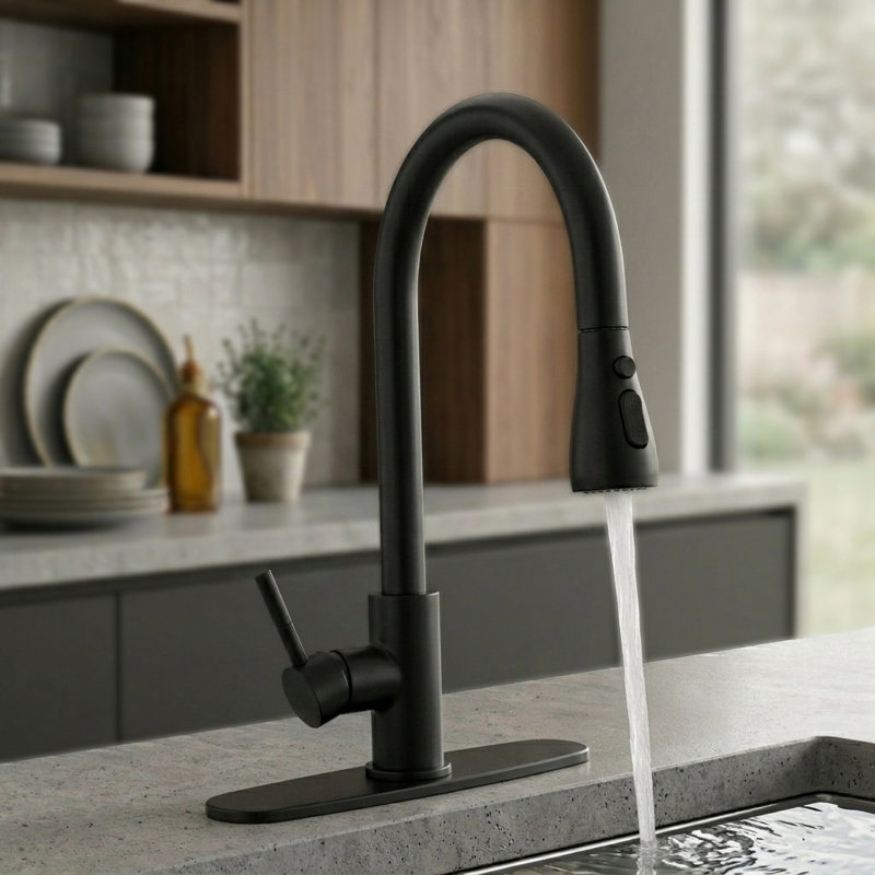 Robinet de cuisine à poignée simple avec douchette extractible TJAD3411, Matte Black