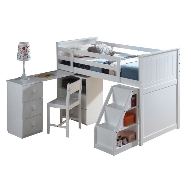 Lit mezzanine simple blanc avec bureau intégré et commode