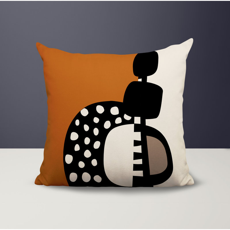 Oreiller carré réversible intérieur / extérieur Khari, H 19 po x l 19 po, Orange brûlé / noir / blanc cassé abstrait