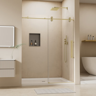 Porte de douche coulissante sans cadre, 112-122 cm (L) x 193 cm (H), en verre trempé de 8 mm d'épaisseur, avec revêtement nano facile à nettoyer, pour douche à l'italienne, ouverture et fermeture silencieuses, fini or brossé.