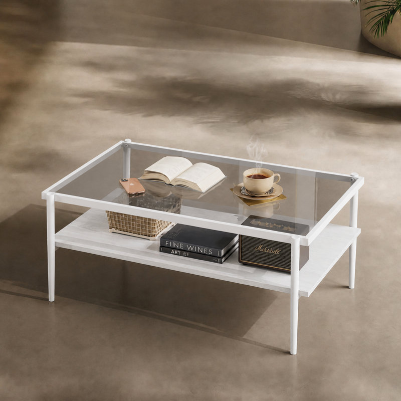 Table basse à plateau en verre, grande capacité, 2 niveaux et tablette ouverte, 97,5 cm (38,39 po)
