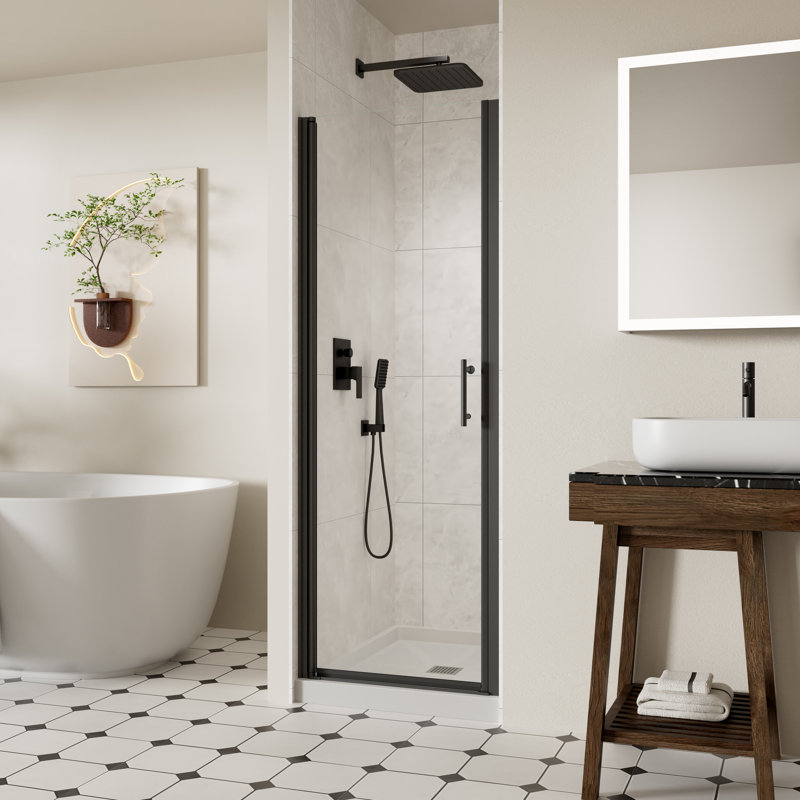 Porte de douche sans cadre l 24 à 25 po x H 72 po, portes de verre pivotantes avec verre trempé clair de 1/4 po (6 mm), porte de douche battante noire matte réglable