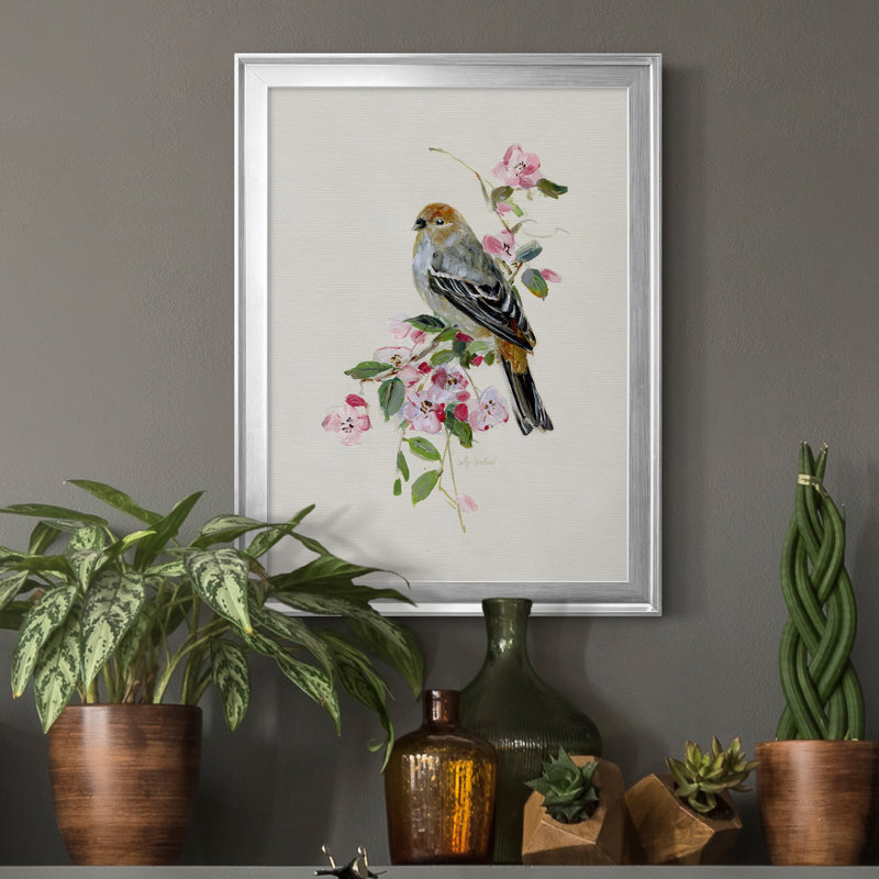 «Spring Song Goldfinch», peinture sur toile encadrée, H 22,5 po x l 30,5 po x P 1,5 po, Argent