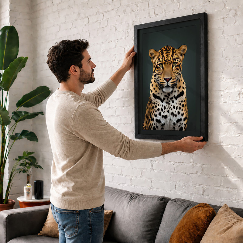 Leopard Portrait Modern - Framed Print, A3 - 42.0 x 29.7 cm, White