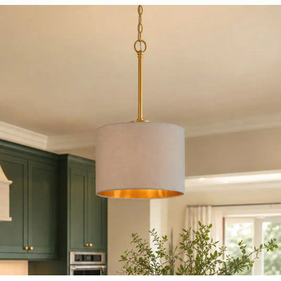 1-Light Gold Single Drum Pendant With Gray Fabric Shade