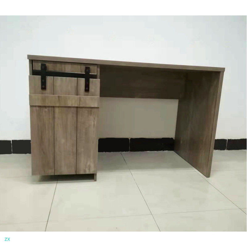 Home Office Desk Hazelnut One Cabinet Three Shelves Faux Barn Door On Metal Euro Hinges Modesty Panel