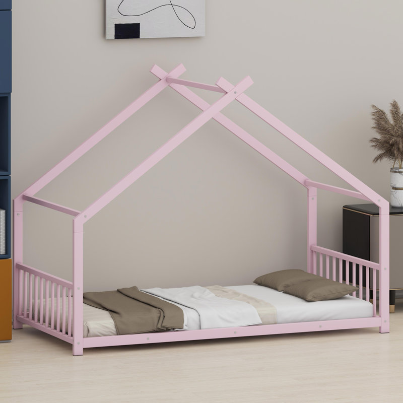 Kids Metal Bed Frame with Frame House Silhouette, Pink