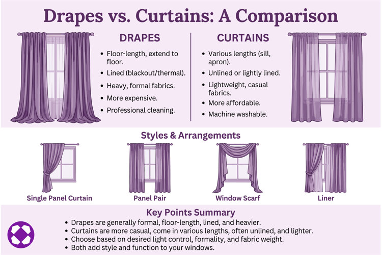Drapes vs curtains infographic comparing floor-length lined drapes with lightweight curtains, including window treatment styles like panel pair, single panel pair, window scarves, and liners