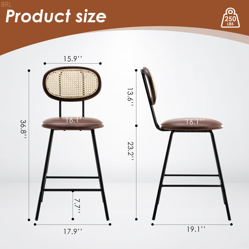 Ensemble de 4 tabourets de comptoir, tabourets de bar, tabourets de bar à hauteur de comptoir en métal pour la maison, tabouret de comptoir en similicuir avec dossier en rotin