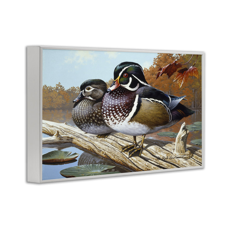 Paire de canards sur bois flotté, estampe numérique par Rod Lawrence, Estampe numérique encadrée blanc bord de mer