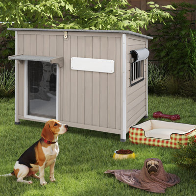 Wooden Dog House, Dog Kennel with Anti-Chewing Iron Frames for Medium Dog, Gray