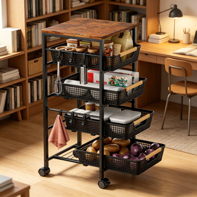 Chariot de rangement à 5 niveaux avec tiroirs coulissants, plateau en bois et roulettes verrouillables, rangement en métal polyvalent pour garde-manger, salon et bureau