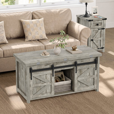 Table basse à plateau relevable Jaquavion, table basse convertible 4-en-1 avec rangement caché et porte de grange coulissante pour le salon