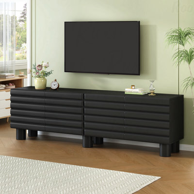 Meuble télé de style crème à porte ondulée épaisse, pour téléviseur de 75 po ou moins, 4 armoires et tablettes réglables, pieds cylindriques et trous pour câbles, console média solide