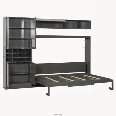 Full Murphy Wall Bed with Sofa, Shelves, USB and Light, Gray