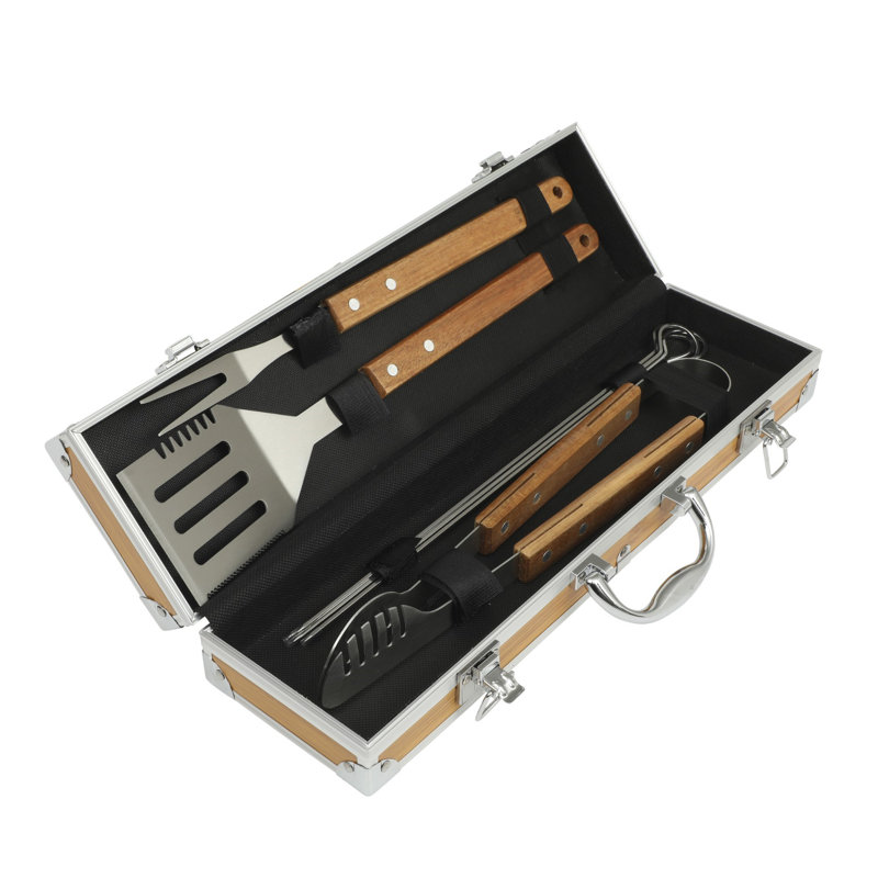 Outils de barbecue 8 pièces Gibson Home Barbeque Pro avec poignées en bois d'acacia et boîte de rangement en aluminium