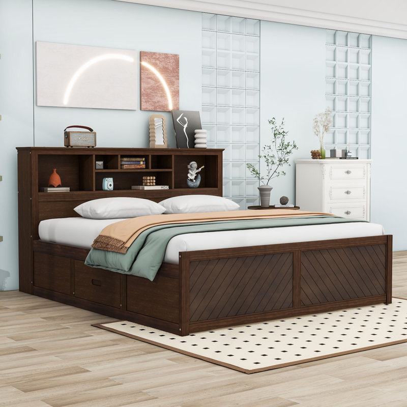 King Two Drawers Wood Platform Bed with Headboard and USB, Antique Wood