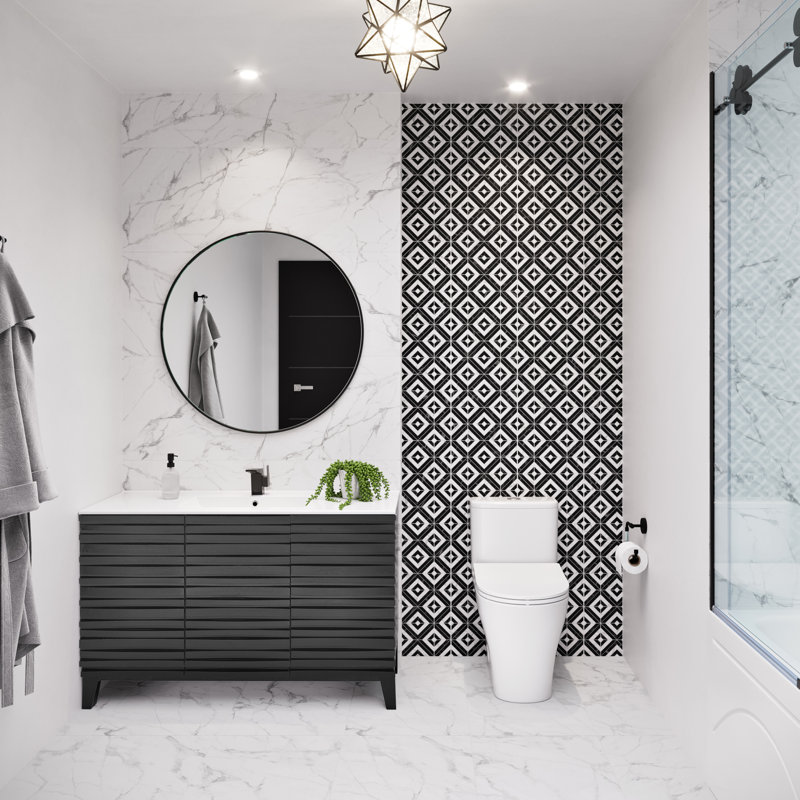 Meuble-lavabo noir 48 po Cascade, Trou unique, Blanc, Chêne noir
