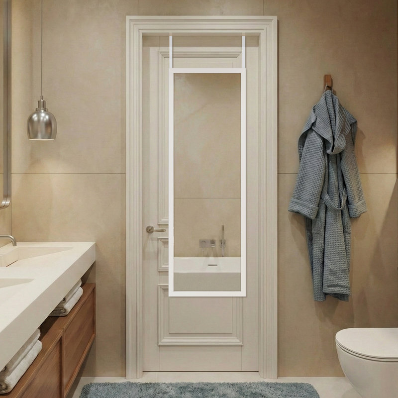44" x 16" Framed Full Length Mirror, Wall-Mounted or Over the Door Mirror With 2 Adjustable Height , White