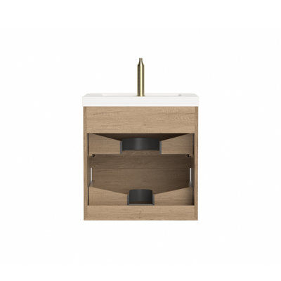 Meuble-lavabo mural moderne simple de 61 cm (24 po) au fini chêne naturel et lavabo intégrée.