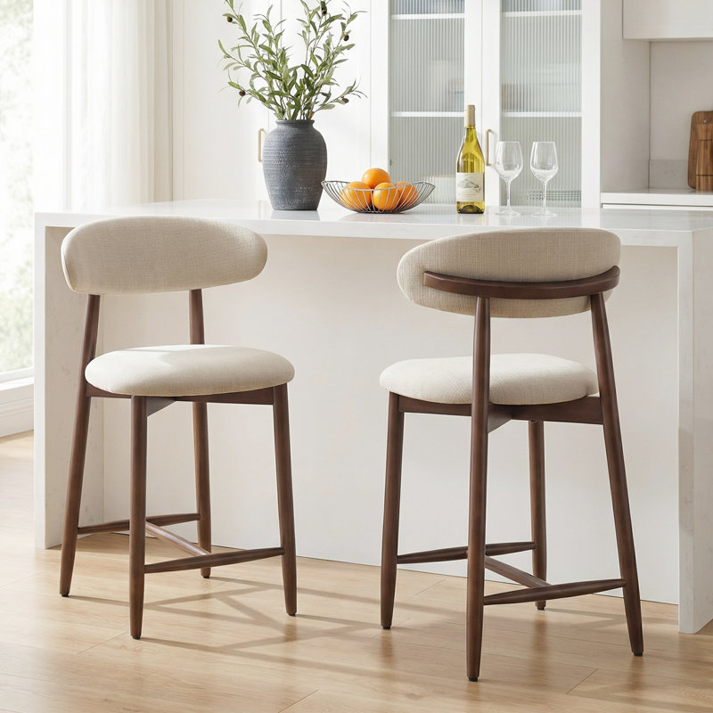 Tabouret de bar rembourré à hauteur de comptoir avec pieds en bois massif, 2, Beige