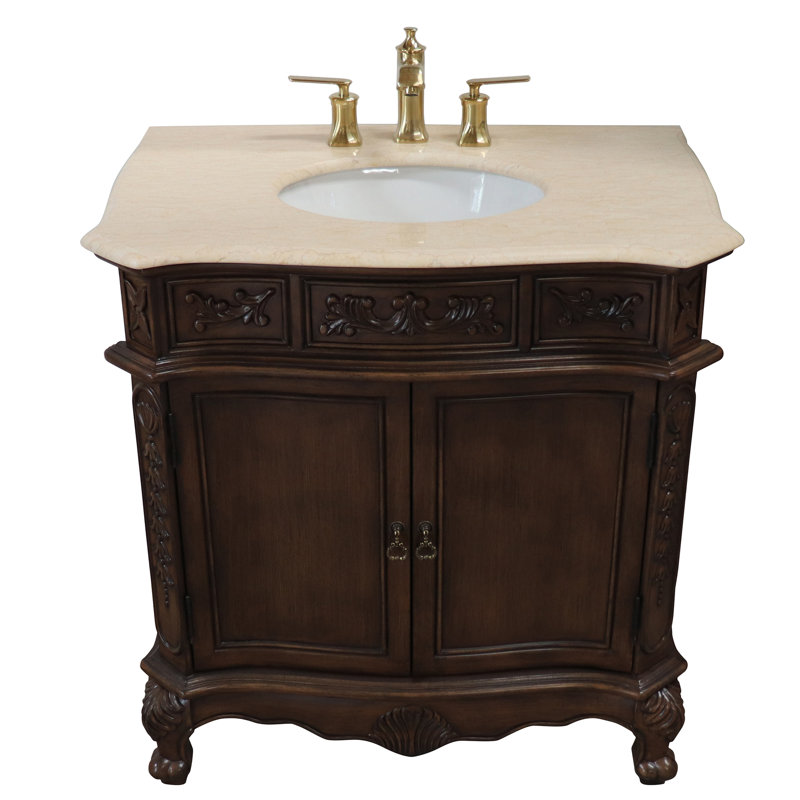 Walnut Wood Single Bathroom Vanity with Cream Marble Top