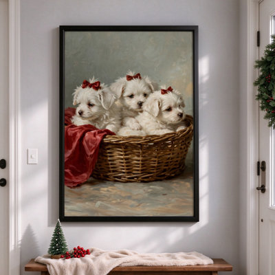«Chiots dans un panier de Noël», art mural sur toile encadré noir, 16 po x 24 po, décoration murale moderne pour le salon et la chambre à coucher