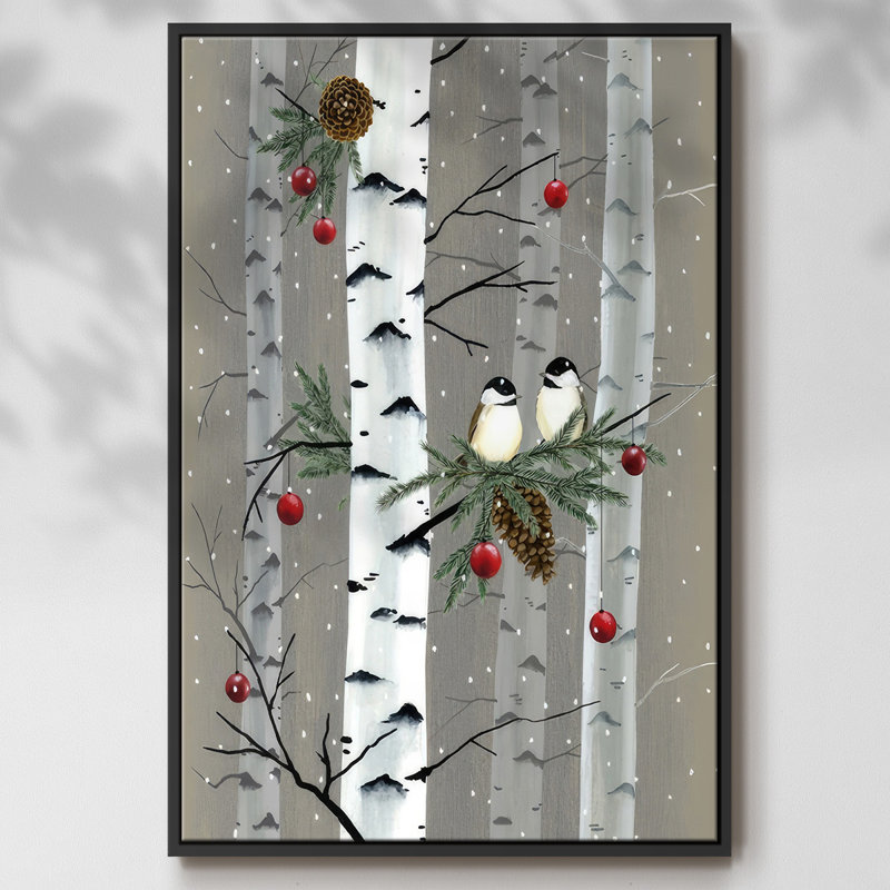Birch Birds I, reproduction d'art sur toile, Cadre noir, H 37 po x l 25 po x P 1,5 po