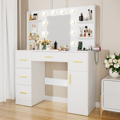 45-inch LED Lighted Vanity Mirror with 10 Bulbs, 3 Lighting Modes, 4 Shelves + 4 Drawers, Built-in Power Outlet, White (Christmas Decorations Not Included)