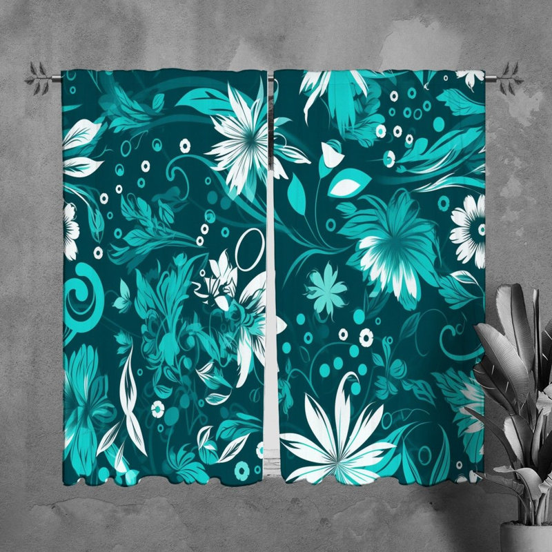 Rideaux de fenêtre floraux, rideaux botaniques turquoise, L 40 po x L 61 po