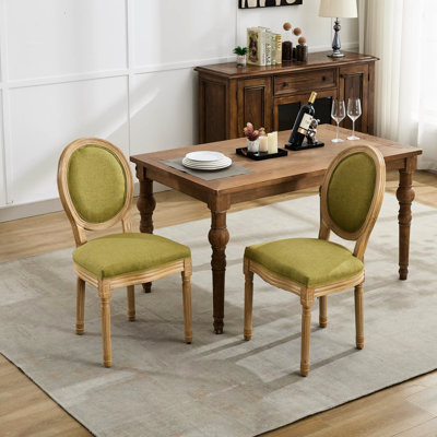 Of 2 French Style Dining Chairs With Olive Linen Fabric, Solid Rubberwood Frame And Antique Finish, Foam Filler, 22.8 In Deep