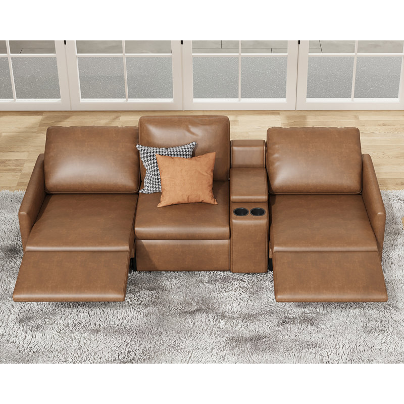Latitude Run® Power Recliner, Leather 3 Seater Recliner Couch with Cup Holder& Charging Socket