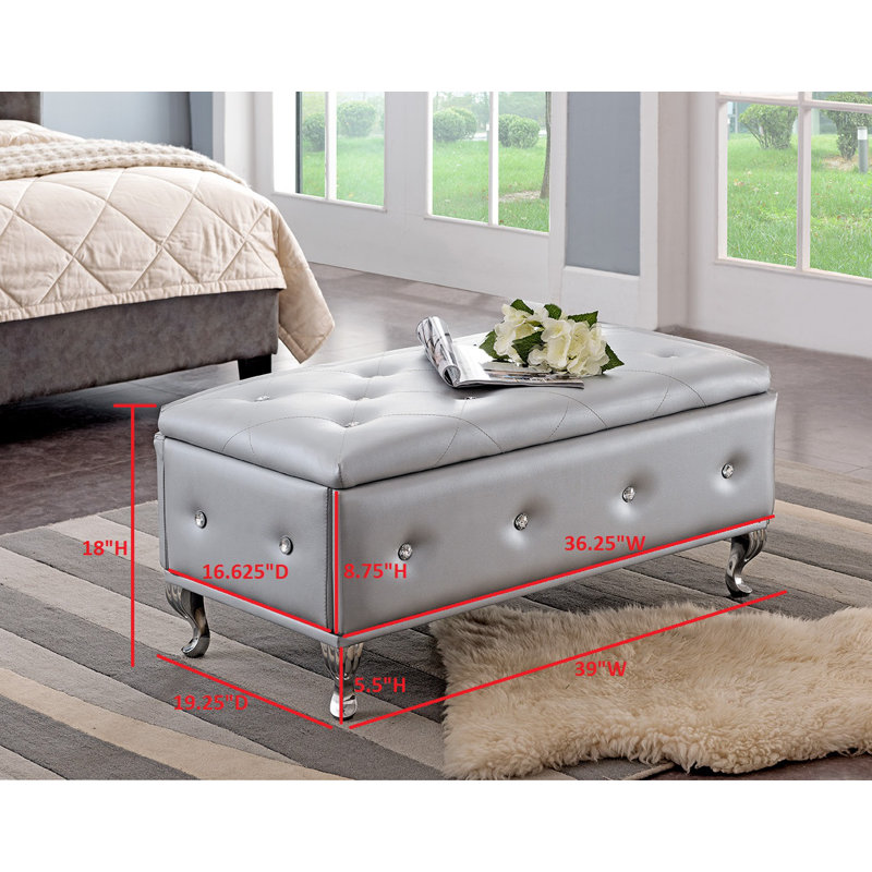 Banc de rangement rembourré avec siège capitonné en vinyle Novotny, Argent
