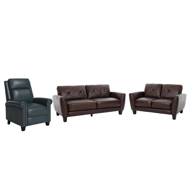 Ensemble de salon 3 pièces en cuir véritable avec plateau classique et luxueux, Bleu