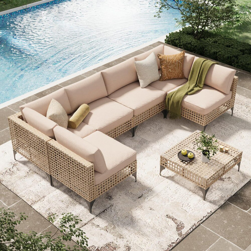 7-Piece Patio Outdoor Furniture Set With Table, Light Brown/Beige