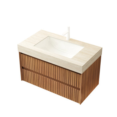 Meuble-lavabo de salle de bain 36 po avec lavabo, armoire flottante rayée en contreplaqué, 2 tiroirs, plateau en pierre frittée à motif, lavabo encastré en céramique, pré-assemblé, finition beige, rangement à mécanisme de fermeture en douceur