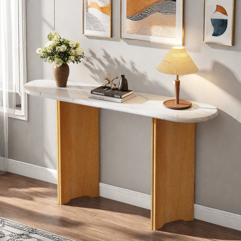 Narrow Console Table With Oval Marble Top, Curved Legs And Triangular-designed Base, Natural