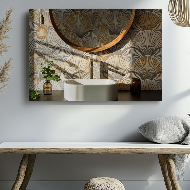 Toile, une scène de salle de bain moderne avec un miroir rond encadré en bois reflétant un élégant mur rayé dans des tons discrets