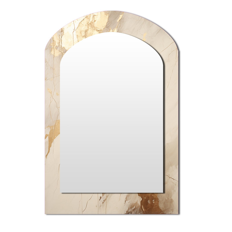 Beige et or marbré éclair IV - miroir mural arqué de formes abstraites, miroir décoratif asymétrique beige, impression d'art en métal
