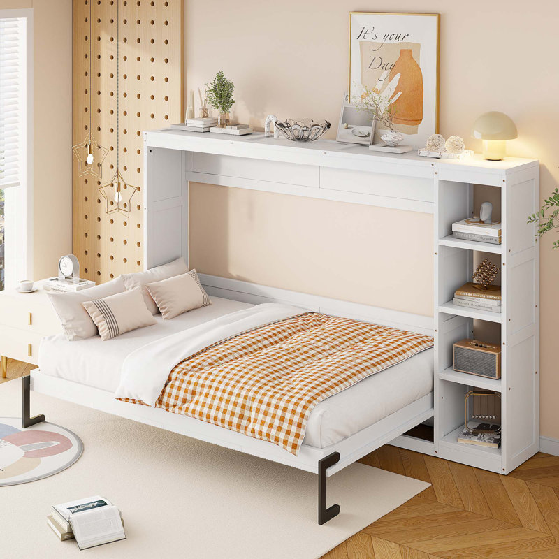 Full Size Murphy Bed With Bookshelf, Full, White