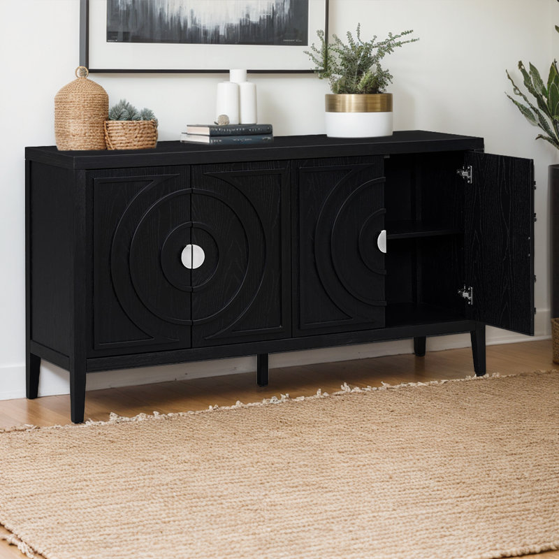 Rustic Kitchen Cabinet - Rubber Wood Construction, Distressed Finish,Rounded Door Design, Adjustable Shelves, Black
